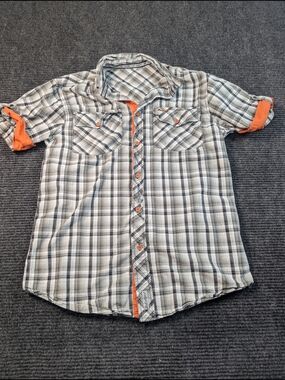 Men's Short Sleeve Plaid Button-Down Shirt in Gray and Orange